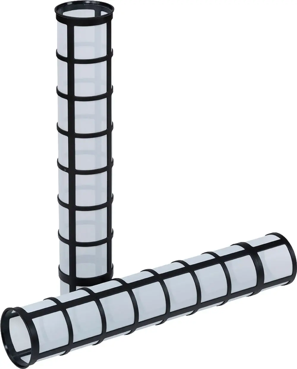 Zwei transparente Filterzylinder mit schwarzem Gitter von Grünbeck. Sie dienen zur Filtration und sind ohne Schutzglocke, geeignet für bestimmte Geräte.